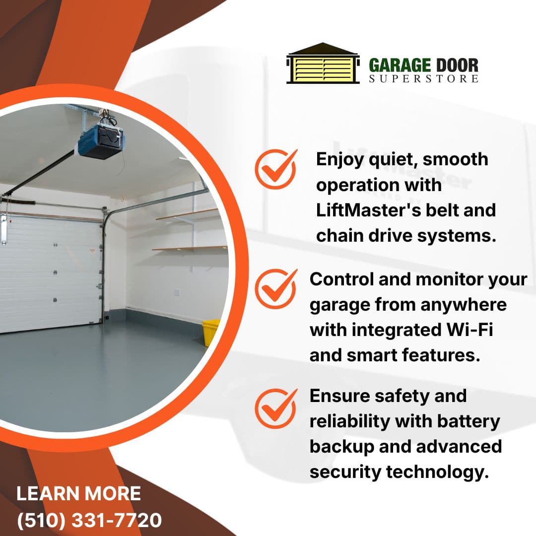 LiftMaster garage door opener installed in a clean residential garage, highlighting quiet operation, smart Wi-Fi control, and enhanced security features.