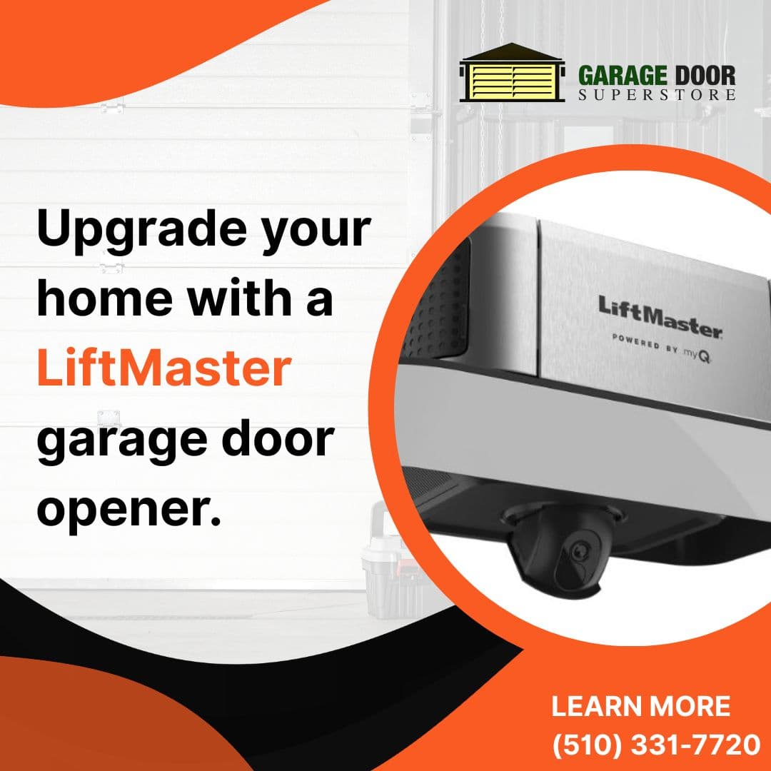 LiftMaster garage door opener with myQ technology displayed in a promotional ad from Garage Door Superstore.