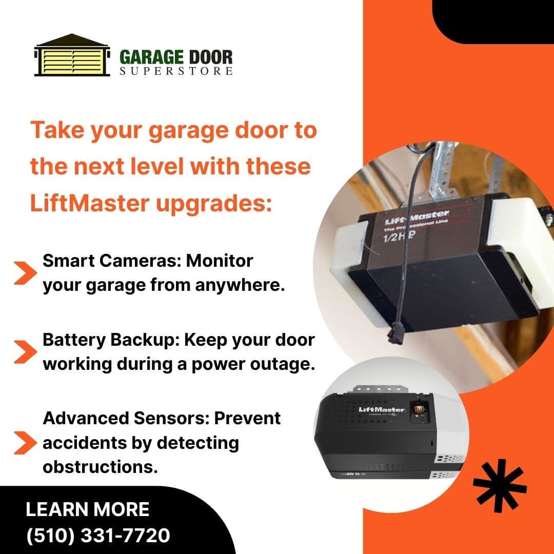 Garage Door Superstore ad showcasing LiftMaster garage door openers and accessories. 