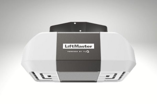 White LiftMaster garage door opener with a black central panel displaying the logo and “Powered by myQ.”
