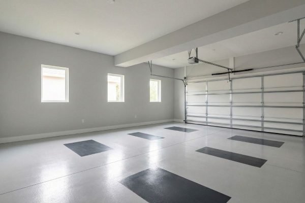 Clean modern residential garage interior with automatic overhead garage door