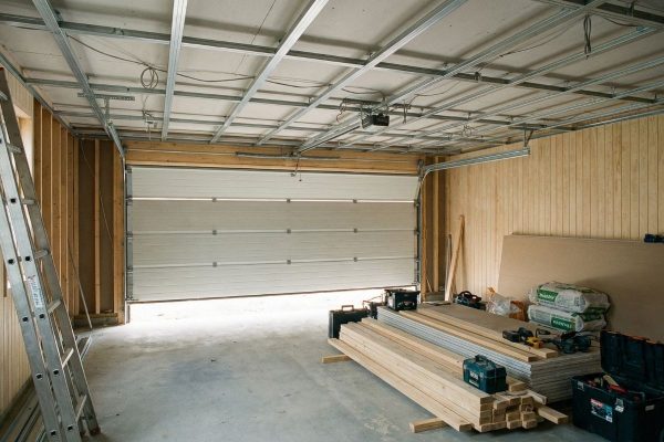 Unfinished garage interior with a newly installed sectional garage door