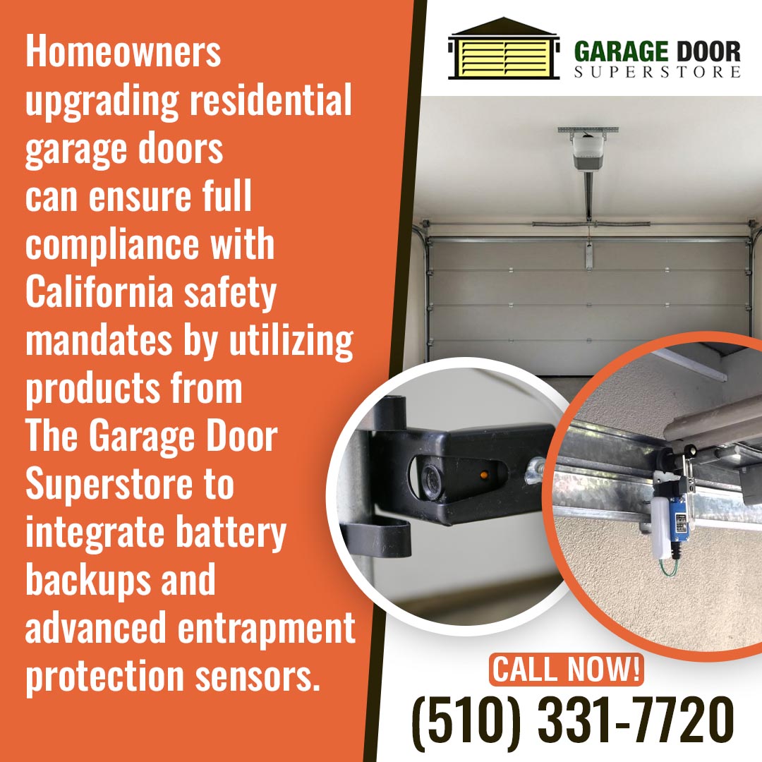 Residential garage door with safety sensors and battery backup installed by The Garage Door SuperStore in California.