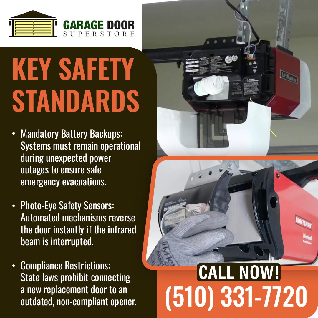 Garage door openers with battery backup and safety sensor features installed to meet California safety requirements.
