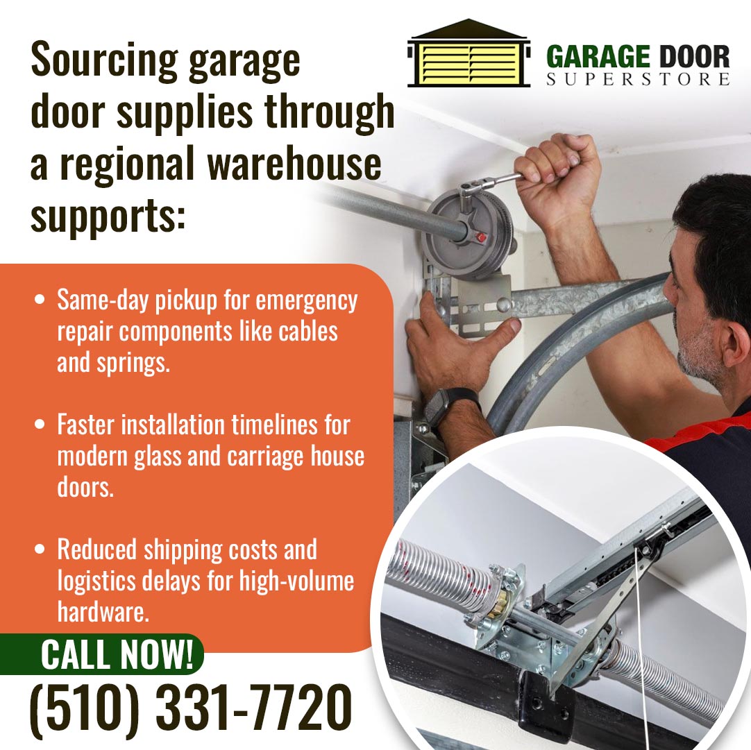 Garage Door Superstore graphic showing a technician adjusting a cable drum and a close-up of spring hardware, listing three regional warehouse benefits: same-day pickup, faster installation timelines, and reduced shipping costs.