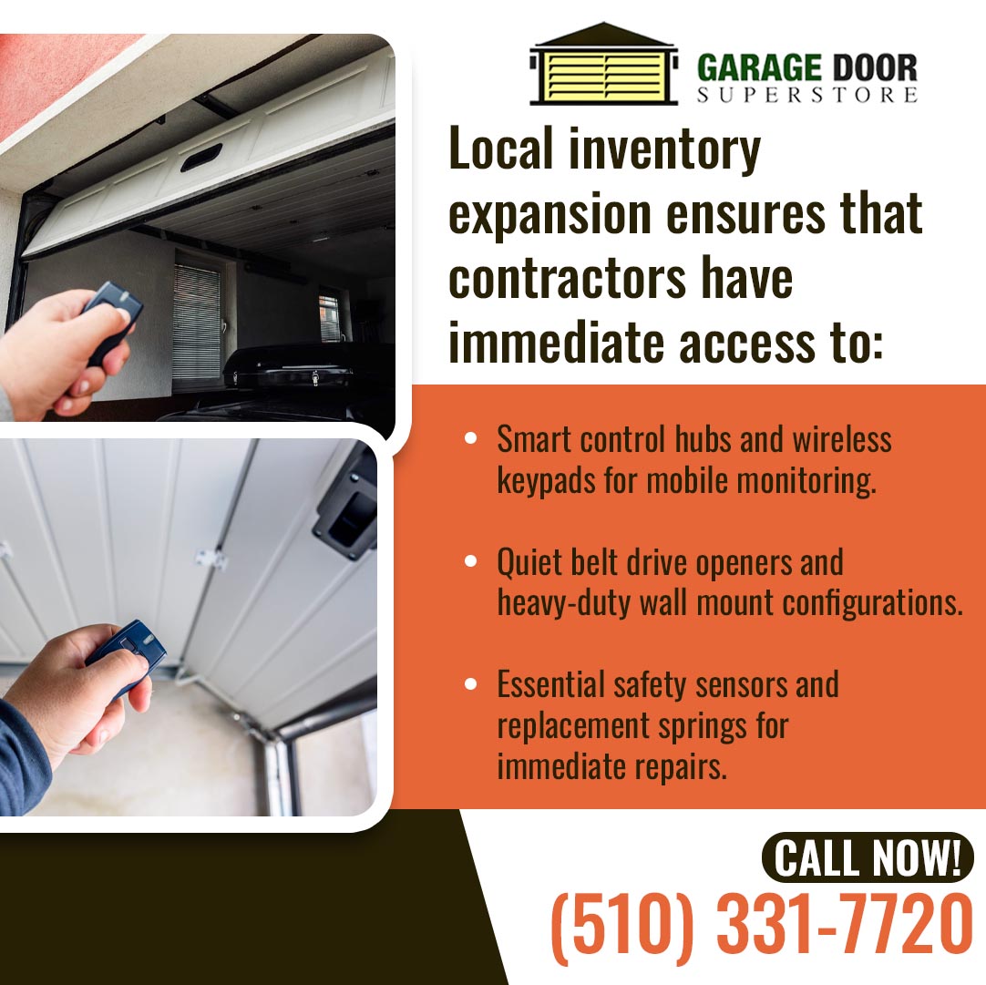 Garage Door Superstore graphic showing two hands using garage door remotes, listing three locally stocked items for contractors: smart control hubs, belt drive openers, and safety sensors with replacement springs.