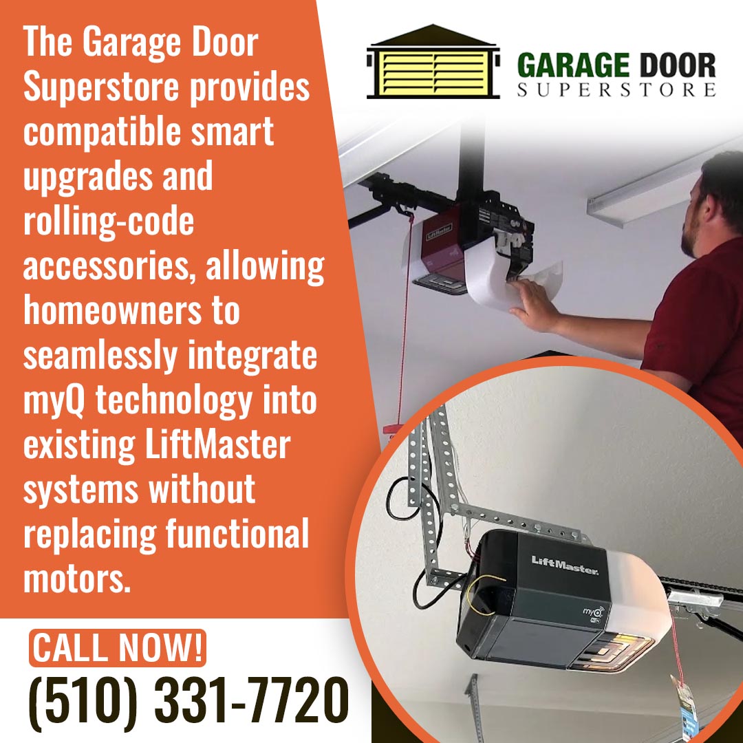 LiftMaster garage door opener with myQ smart technology installed in a residential garage by The Garage Door SuperStore.