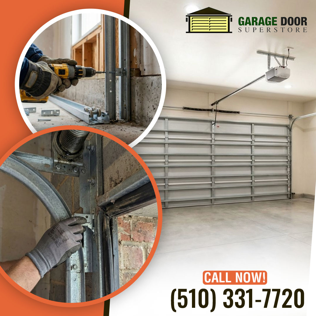Technician installing garage door tracks and hardware alongside a newly installed residential garage door by The Garage Door SuperStore.
