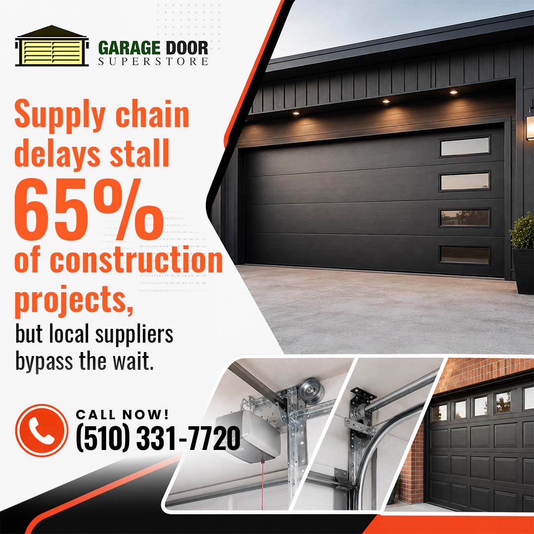 A modern black garage door with side glass windows featured alongside images of garage opener hardware and contact details for Garage Door Superstore.