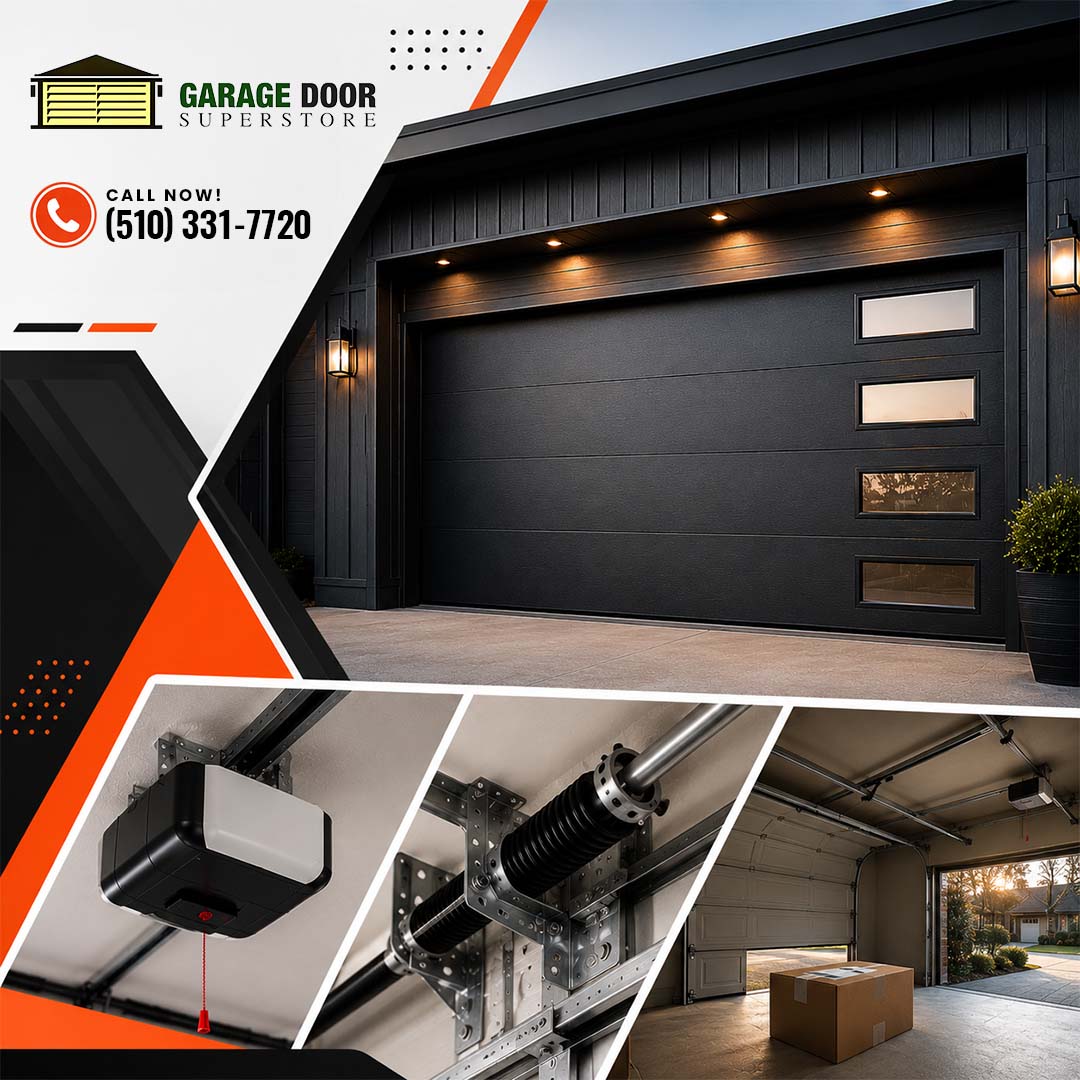 Exterior of a sleek black garage door with modern side windows, framed by lower inset photos of a garage opener motor, torsion spring, and interior garage bay.