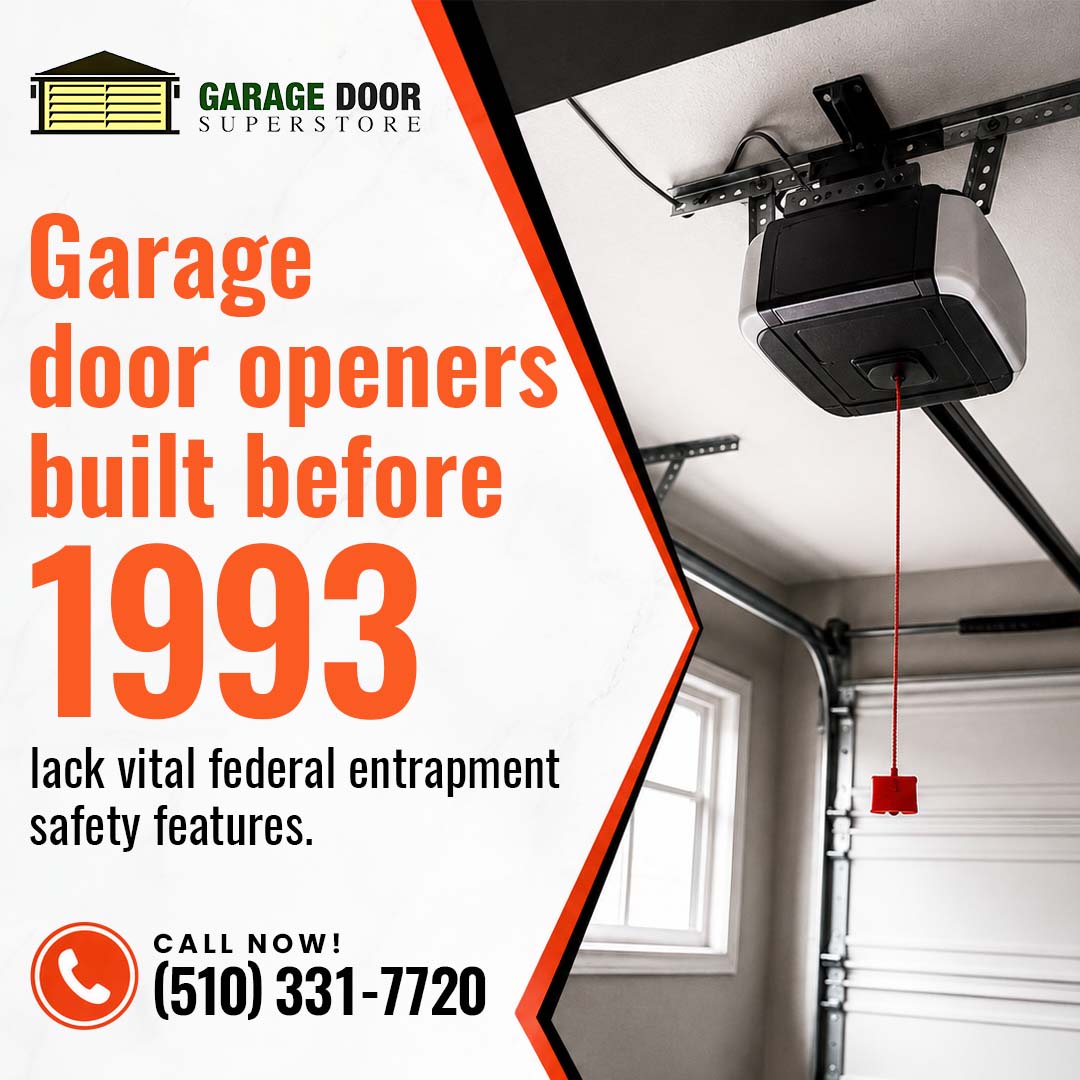 An automatic garage door opener mounted on the ceiling with an emergency release cord next to text warning about pre-1993 safety features.