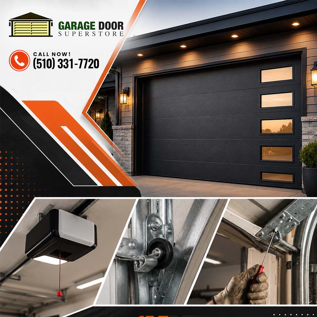 Exterior of a sleek dark garage door with horizontal side windows, complemented by lower insets showing a garage opener motor, roller track hardware, and a technician adjusting a cable mechanism.