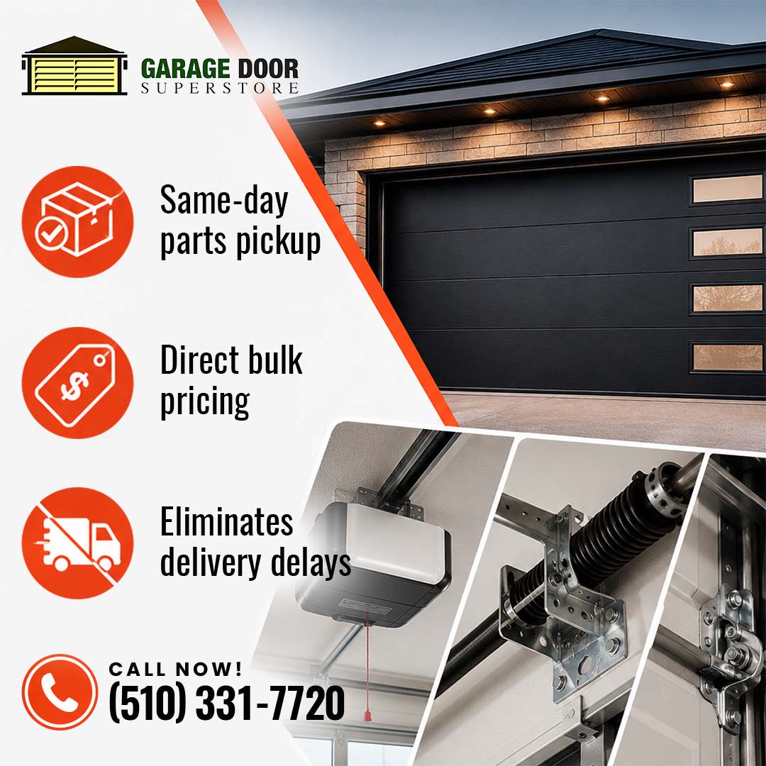 Modern dark garage door with horizontal glass panels alongside detailed close-ups of an overhead garage opener and torsion spring assembly.