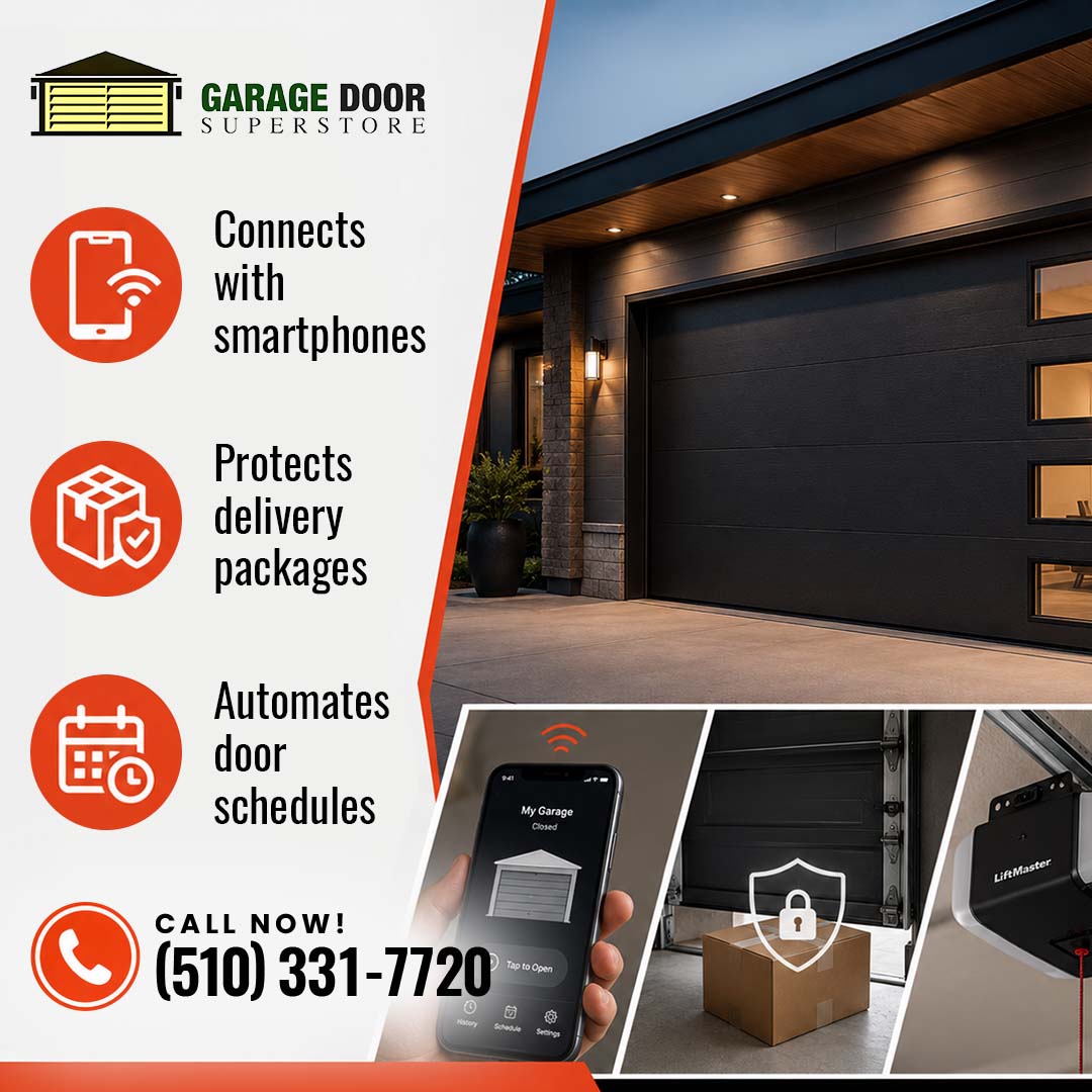 Modern dark residential garage door alongside close-ups of a smartphone app controlling a garage door, a package inside a secure garage, and a LiftMaster opener unit.