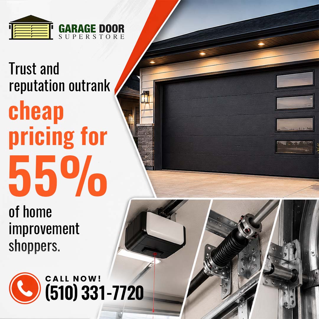 A dark modern garage door with vertical window panels, shown alongside close-up photos of garage door opener components and Garage Door Superstore contact info.