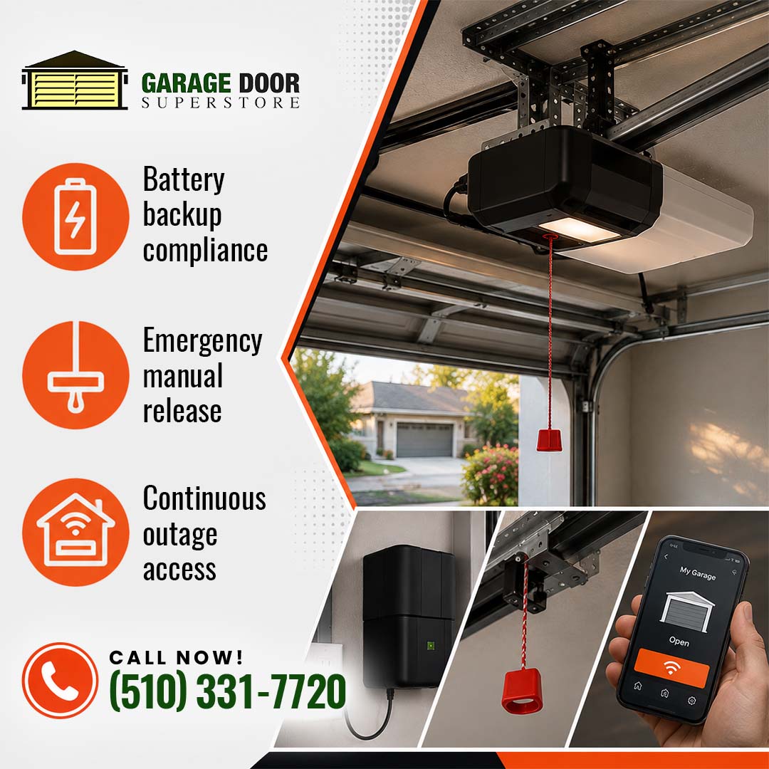 Ceiling-mounted automatic garage door opener with red manual release cord, paired with bottom insets of a wall-mount motor and a smartphone smart garage control app.