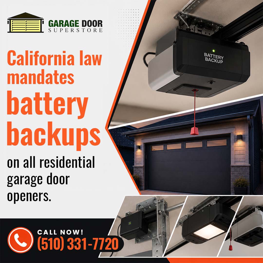 Ceiling-mounted garage door opener with a battery backup indicator, shown above a modern house with illuminated exterior coach lights and lower insets of wall-mount and overhead motors.