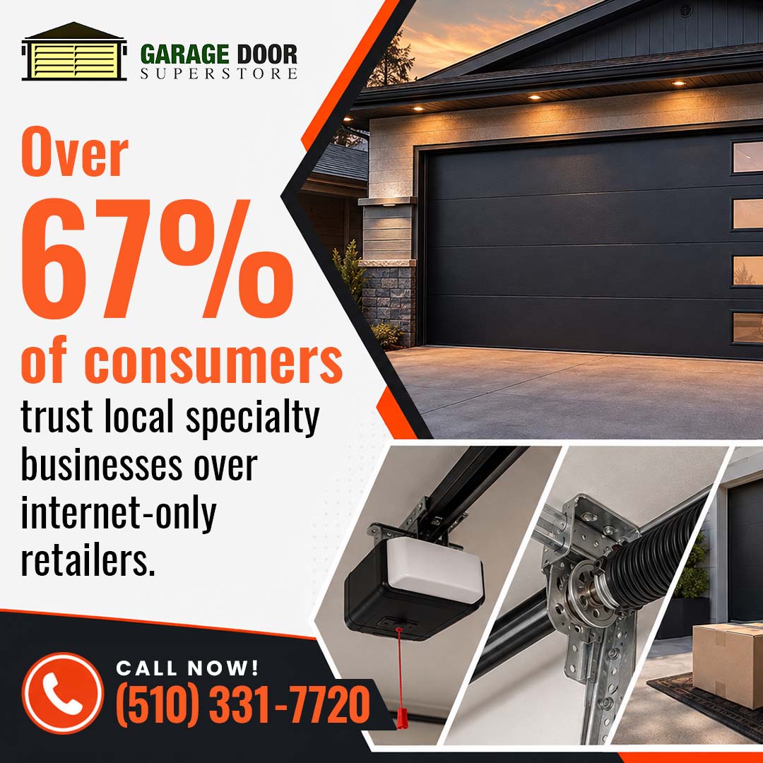 Modern black sectional garage door with frosted vertical side windows, paired with insets of an overhead opener motor, heavy-duty torsion spring assembly, and a delivered package at the garage threshold.