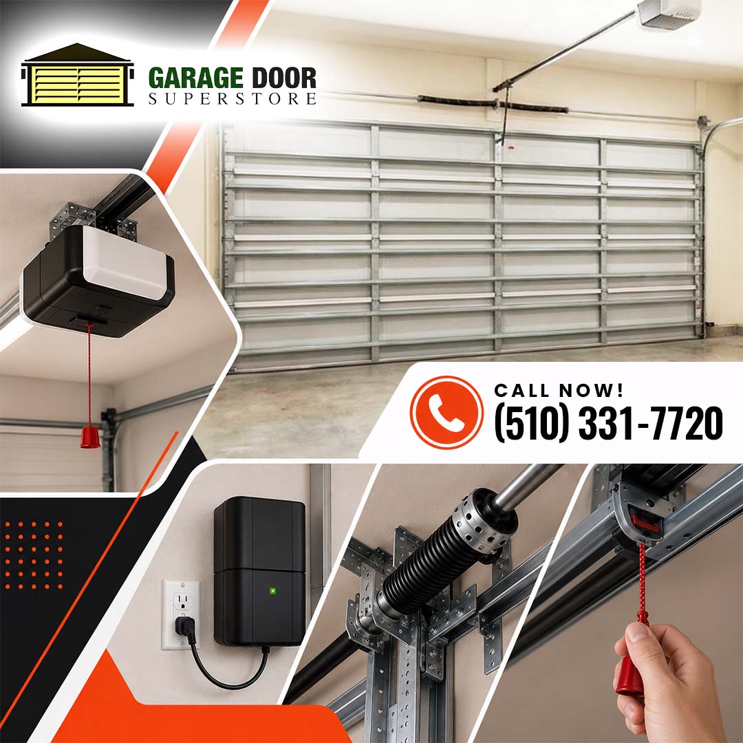 Interior of a garage featuring a wide reinforced sectional garage door, paired with insets of an electric opener unit, wall-mount motor, torsion spring, and emergency release cord.