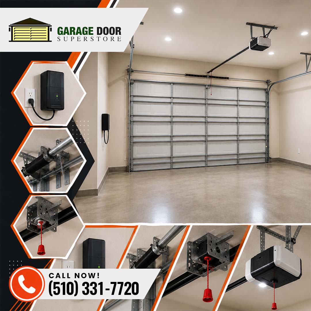 Interior of an empty garage showing a closed sectional garage door with ceiling track opener, flanked by hexagonal insets of a wall control unit, torsion spring, and emergency release cord.