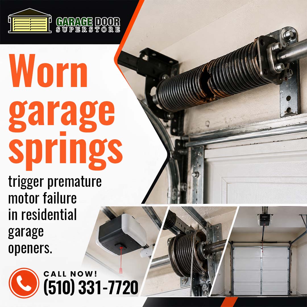 Close-up of a rusted overhead garage door torsion spring, paired with insets of an electric opener motor, cable drum assembly, and closed white sectional garage door.